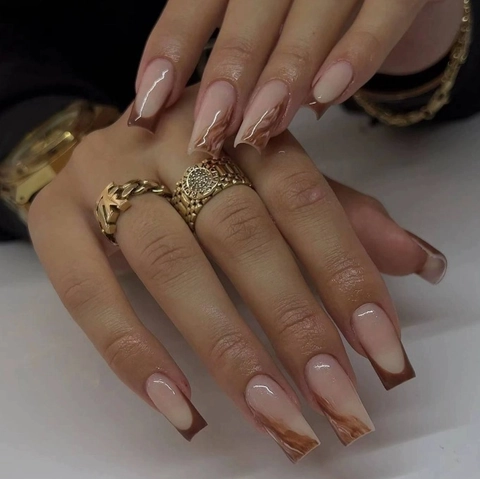 Long Square Press On Nails French Brown Marble Glossy Artificial Nails For Women Coffee White Elegant