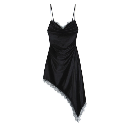 Robe En Velours Femme Dentelle Col V Ourlet Asymétrique Sans Manches Slip Party Clubwear Élégante Noir