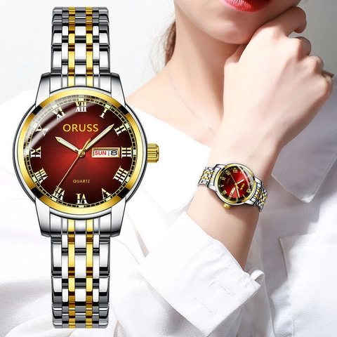 ORUSS Women Quartz Watch Minimalist Date Week Display Roman Numerals Small Dial Two Tone Alloy Bracelet Strap Wristwatch