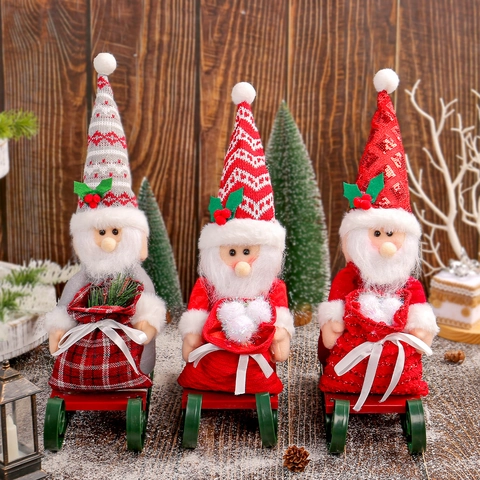Christmas Santa Claus Gnome Sleigh Ornament Plush Figurine With Sequin Knit Hat Desktop Holiday Decoration