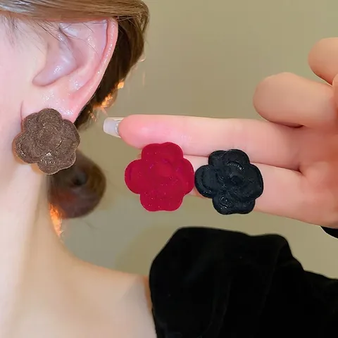 Camellia Flower Stud Earrings With Flocked Velvet Texture And Silver Earring Post Retro Vintage Elegant Winter Style