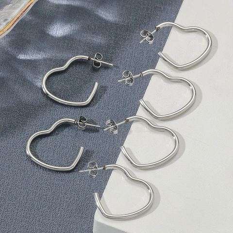 Pendientes De Aro Minimalistas Con Forma De Corazón Acero Inoxidable 304 Pulido Joyas Geométricas Simples Mujer Color Plata
