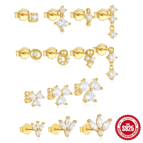 925 Sterling Silver Earring Studs With Zirconia Artificial Pearl Gold Silver Stackable Geometric Leaf Earrings Jewelry For Women