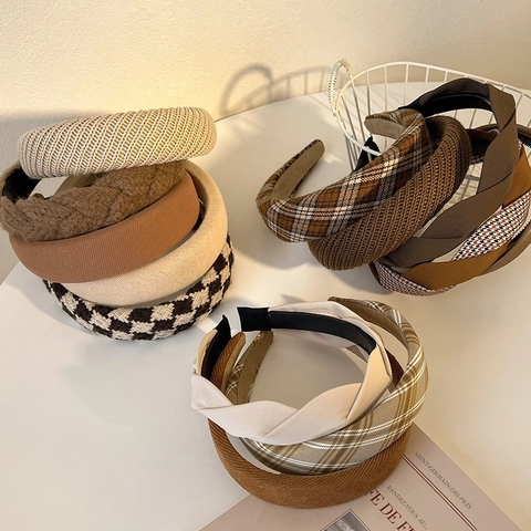 Women Padded Headbands Vintage Thickened Sponge Hair Bands Knit Plaid Braid Faux Leather Twist Retro Accessories