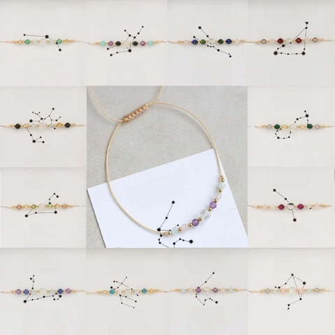 Zodiac Signs Natural Stone Bracelet Handmade Adjustable Woven Cord Gemstone Jewelry Gift For Women Men Bohemian Style