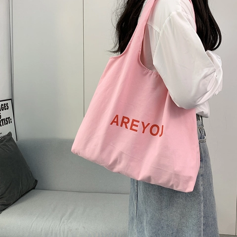 Sac Fourre-Tout En Toile Grande Capacité Imprimé Lettres Style Ins Coréen Sac À Main Épaule Pour Femme Minimaliste