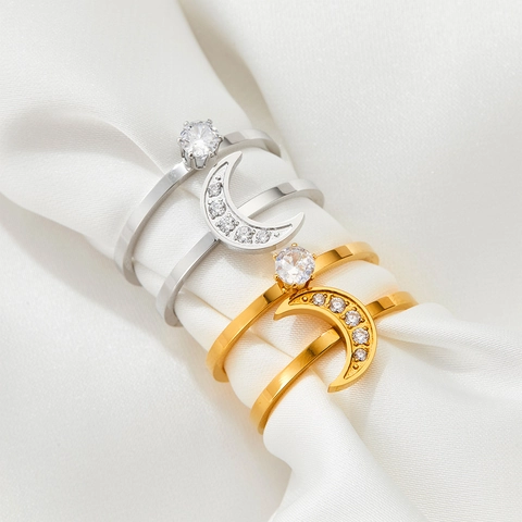 Mond Sichel Solitär Stapelringe Edelstahl Zirkonia Minimalistischer Modeschmuck Für Damen