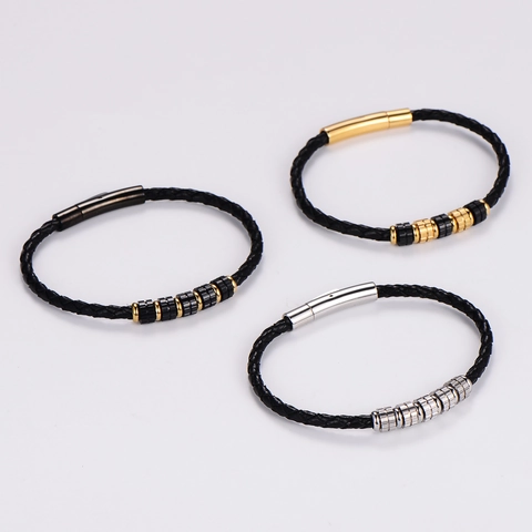 Bracciale In Pelle Intrecciata Con Chiusura A Scatto In Acciaio Inossidabile 316L Gioielli Tessuti A Mano Trendy Per Uomo Regalo