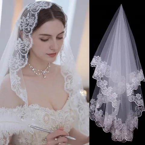 French Retro Bridal Veil Lace Floral Trim Double Layer Tulle Wedding Photography Elegant Headpiece For Women