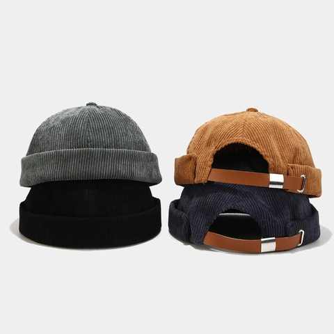 Retro Corduroy Docker Hat Adjustable Brimless Landlord Cap Solid Color Streetwear Accessory