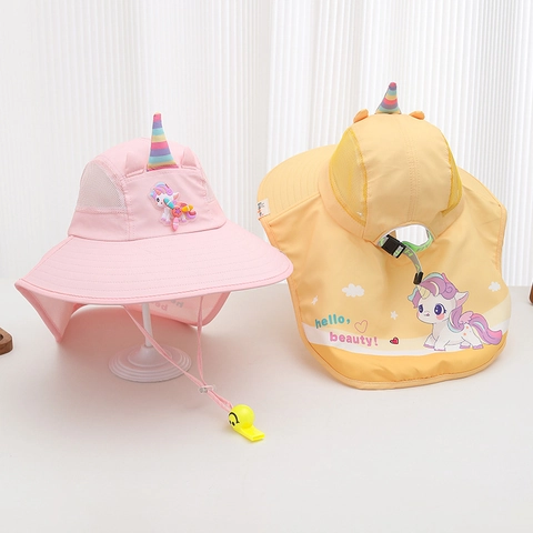Girls Sun Hat Unicorn Neck Flap Wide Brim Breathable Mesh Polyester Outdoor Beach Summer Cap With Whistle Toy