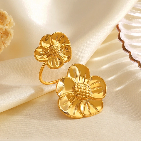 Europäischer Stil Edelstahl Doppelblumen Ring Für Damen 18K Vergoldet Übertriebener Floral Offen Verstellbar Finger Schmuck