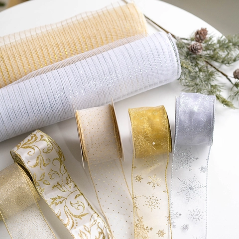 Ruban Décoratif De Noël En Maille Organza À Flocons Scintillants Pour Noeuds Sapin Guirlande Décoration De Cadeaux