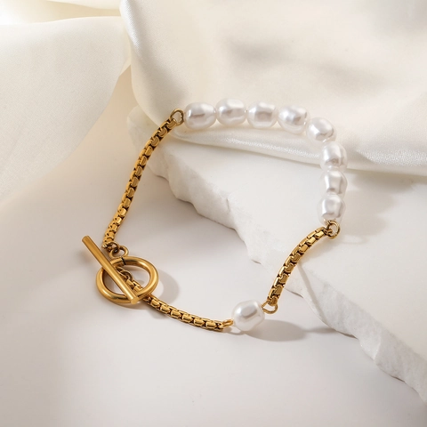 Bracciale In Acciaio Inossidabile Placcato Oro 18K Con Perle Artificiali Patchwork Per Donna Elegante Bracciale A Catena Con Fibbia OT