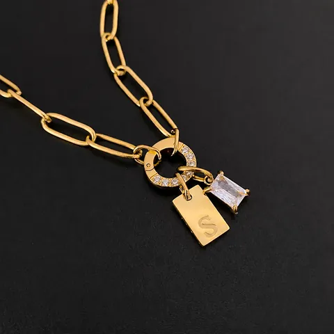 Roestvrijstalen Paperclip Ketting voor Dames Strass Initialen Letter Hanger Goud Zilver Verguld Sieraden Cadeau