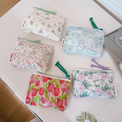 Floral Cotton Coin Purse Mini Zipper Wallet Portable Small Pouch Bag For Cards Earphones Fresh Pastoral Style Women