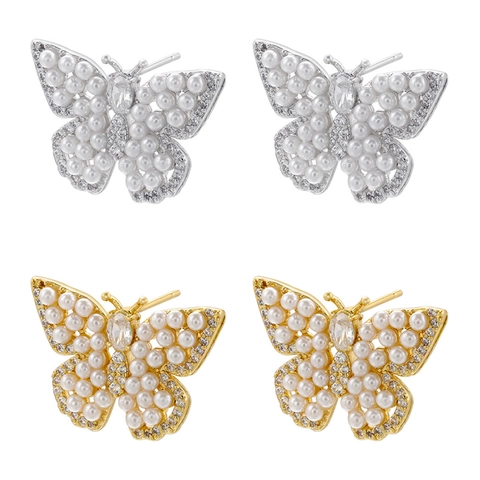 Pendientes de Botón de Mariposa de Latón Chapado en Oro de 18K Con Perlas Artificiales Strass Joyería Elegante Mujer