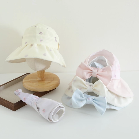Girls Sun Hat Wide Brim Floral Print Bow Breathable Foldable Summer Beach Travel UV Protection Kids
