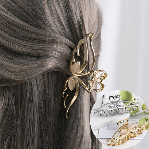 Swan Hair Claw Clip Metal Alloy With Cat Eye Stone Rhinestones And Artificial Pearls Large Shark Clip For Women