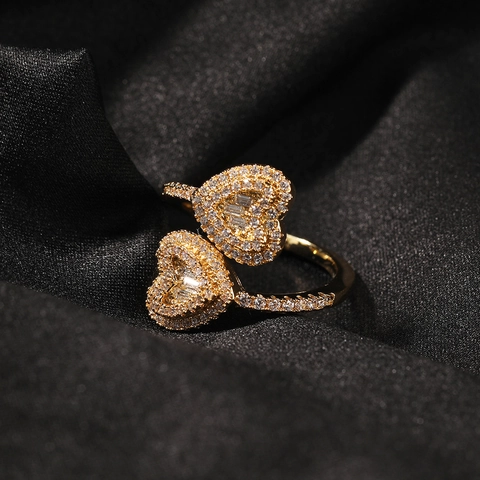 Hip Hop Iced Out Doppelherz Offener Ring Kupfer Strass Bypass Verstellbarer Modering Für Herren Damen Schmuck Geschenk