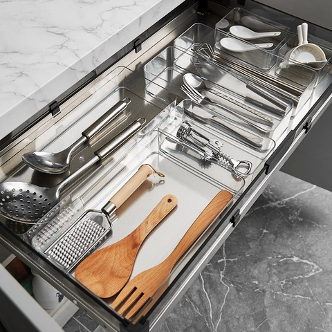 Organizzatore Per Cassetti In Plastica Trasparente Contenitori Divisori Modulari Impilabili Per Cucina Posate Trucco Ufficio
