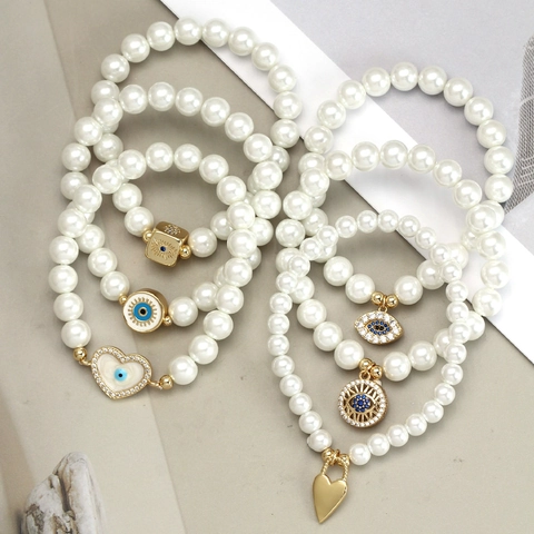 Evil Eye Bracelet White Artificial Pearl Alloy Gold Heart Charm Elastic Lucky Turkish Jewelry For Women Girls