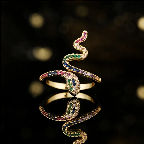 Snake Shaped Open Adjustable Ring Gold Plated Copper Colorful Cubic Zirconia Micro Pave Animal Jewelry For Women Party