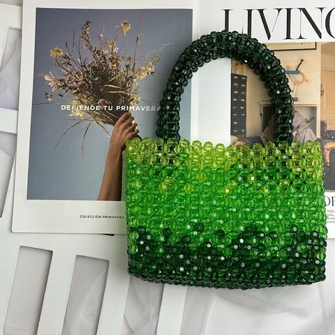 Hand-Woven Acrylic Beaded Handbag Fashion Gradient Color Transparent Tote Bag For Women Summer Beach Streetwear Stylish