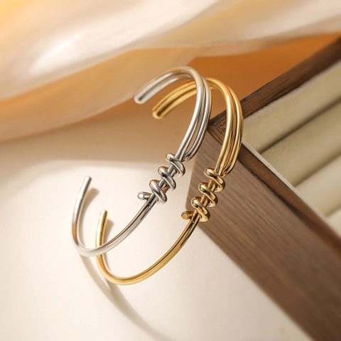 Stainless Steel Knot Bangle For Women 18K Gold Plated Twisted Line Open Adjustable C Shape Cuff Bracelet INS Style Jewelry