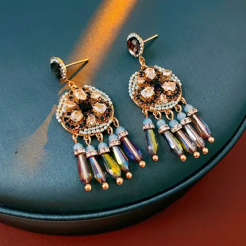 Bohemian Floral Tassel Dangle Earrings For Women Alloy Rhinestone Crystal Vintage Long Multi-Color Style