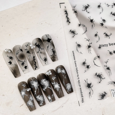 Nail Art Stickers Ink Wash Floral Pattern Hazy Beauty Style Self Adhesive Decals For DIY Manicure Decoration