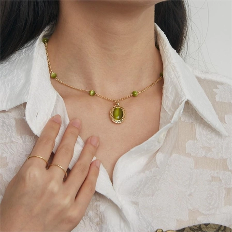 Vintage Green Natural Stone Pendant Necklace Copper 18K Gold Plated Beads Retro Bohemia Style For Women