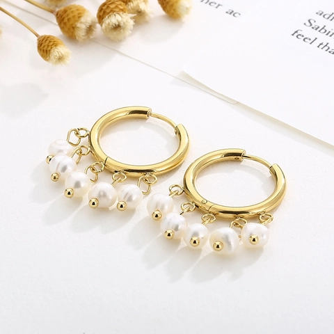 Vintage Stainless Steel Hoop Earrings With Artificial Pearl Pendants Geometric Minimalist Lightweight Jewelry For Women