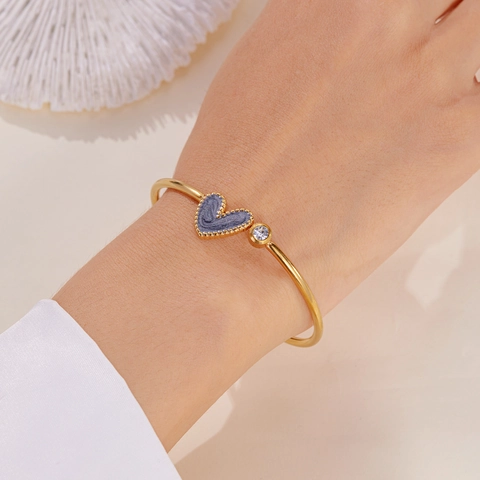 Heart Stainless Steel Open Bangle Elegant Enamel Heart And Zircon Adjustable Fashion Jewelry Gift For Women