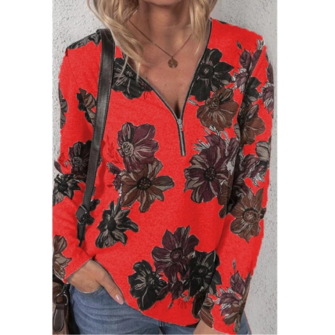 Dames Casual Polyester Top met Bloemenprint Lange Mouw V-Hals Rits Pullover Los T-Shirt Vintage Bloemenpatroon Graphic Top voor Dames