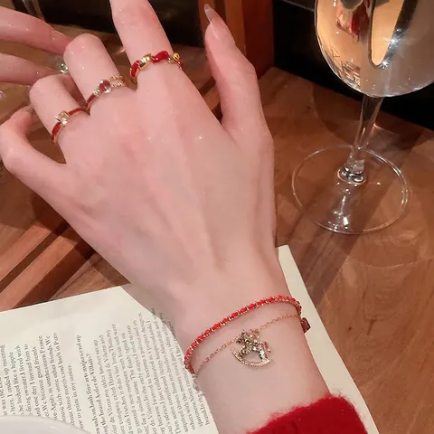 Vintage Red Enamel Ring Gold Plated Copper With Zircon Adjustable Open Hand Jewelry For Women