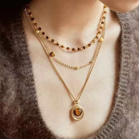 Multi Layered Pendant Necklace Copper Gold Tone Round Tiger Eye Stone Zircon Inlay Clavicle Chain For Women Retro Style