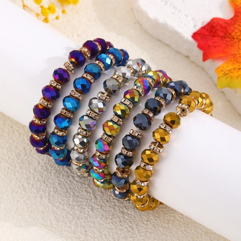 Facettiertes Kristall Perlenarmband Mit Strass Abstandshaltern Handgefertigter Elastischer Boho Schmuck Für Damen