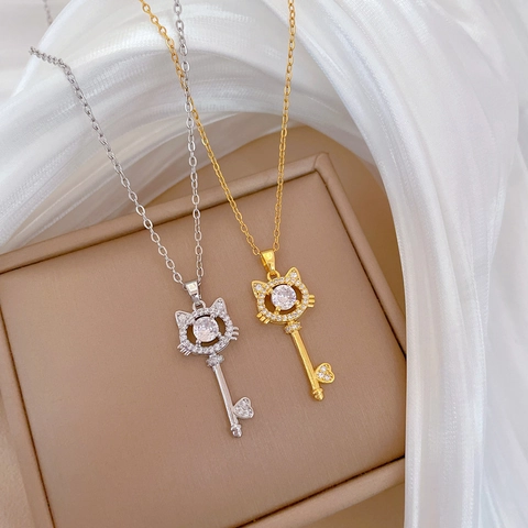 Kattenkop Sleutel Hanger Ketting Titanium Staal Met Zirconia Glinsterende Sleutelbeen Ketting Sieraden Voor Dames Elegant
