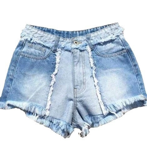 Women Denim Shorts Cotton Blend Patchwork Tassel Fringe Frayed Hem High Waisted Sexy Streetwear Summer