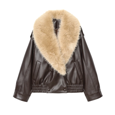 Damen PU Lederjacke Mit Kunstpelzkragen Braun Moto Biker Stil Revers Knopf Vintage Warm Wintermantel Außenbekleidung