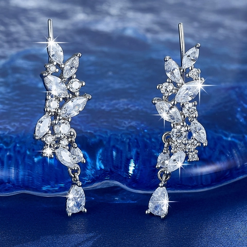 Boucle d'Oreille Clip Feuille en Argent Sterling 925 Zirconia Design de Niche Incrusté de Pierres Précieuses pour Mariage Femme Bijoux