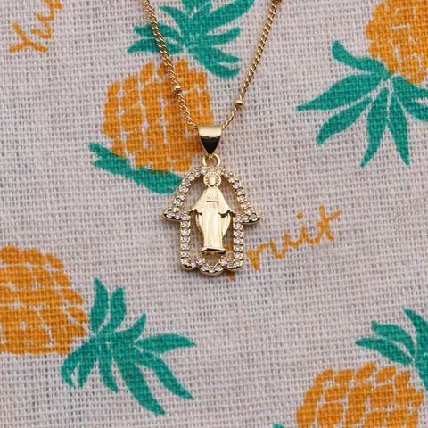 Collier Pendentif Main De Hamsa En Cuivre Plaqué Or Religieux Vierge Marie Inlay Zircone Chaîne À Billes Bijoux