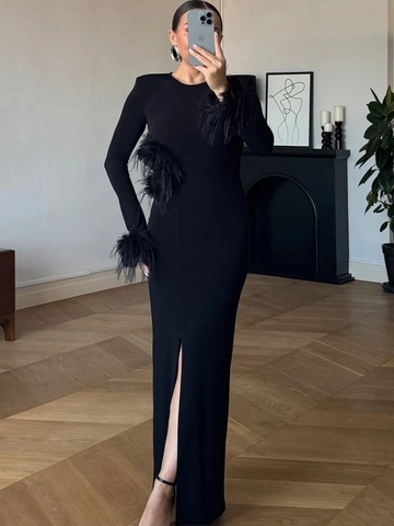 Abito Maxi Sexy Nero A Maniche Lunghe Da Donna Polsini In Piume Vita Con Apertura Spacco Alto Girocollo Festa Elegante