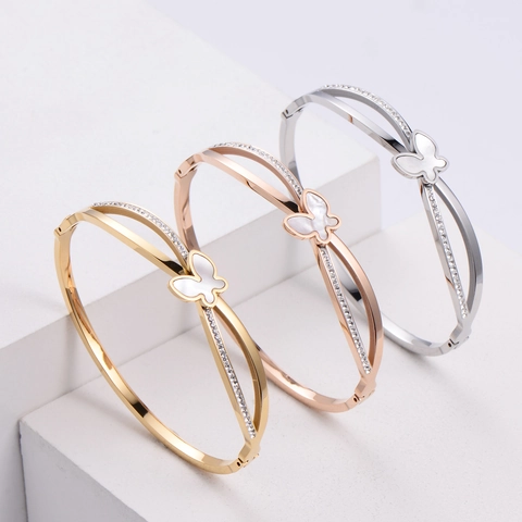 Brazalete De Mariposa Acero Inoxidable 316 Concha Circonita Cierre De Bisagra Moda Coreana Elegante Para Mujer