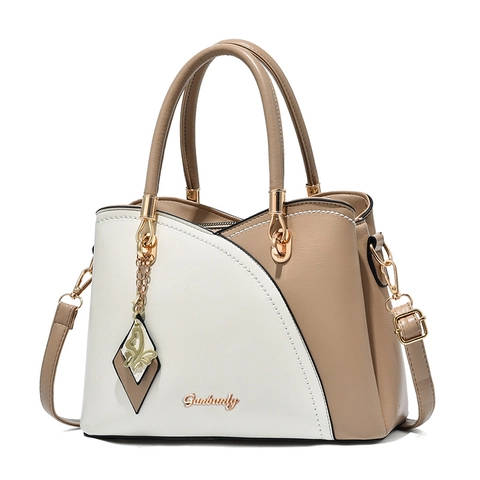 Women Handbag PU Leather Large Capacity Color Block Grid Pattern Elegant Shoulder Crossbody Bag With Butterfly Charm