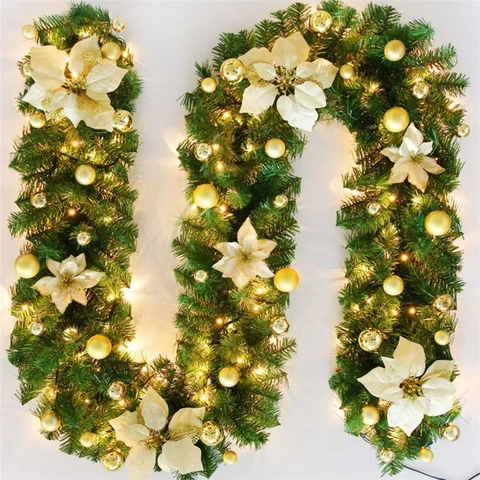 Guirnalda De Navidad De Ratán Con Luces LED Flores De Poinsettia Y Bolas Decorativas Para Decoración De Fiestas