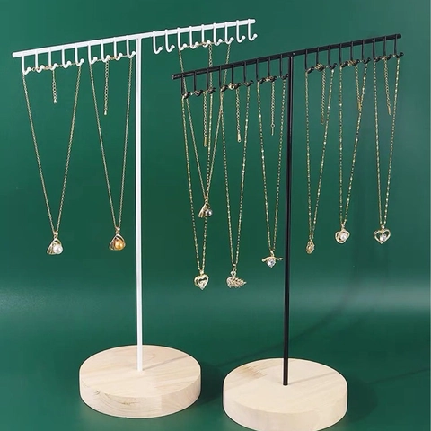 T-Shape Necklace Display Stand Metal Jewelry Organizer Rack With Round Wood Base Multi Hooks Detachable Minimalism