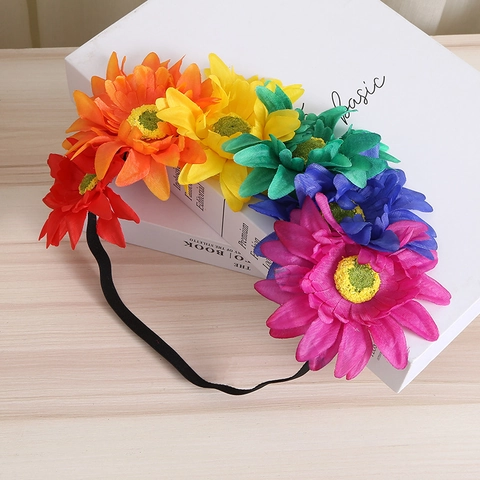 Cerchietto Con Fiori Artificiali Arcobaleno Tessuto Rete Simulazione Floreale Stile Bohémien Per Accessori Capelli Vacanze