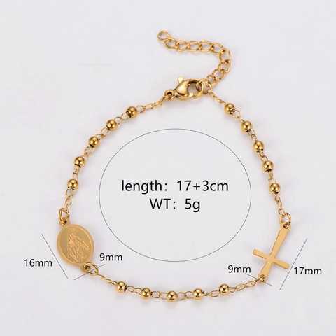 Religious Rosary Cross Bracelet 304 Stainless Steel Virgin Mary Medal Bead Chain Adjustable Jewelry For Women Men
